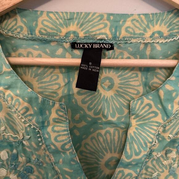 Lucky Brand Floral Embroidered Top Green Blue 3/4 Sleeve Small Cotton - Picture 2 of 5